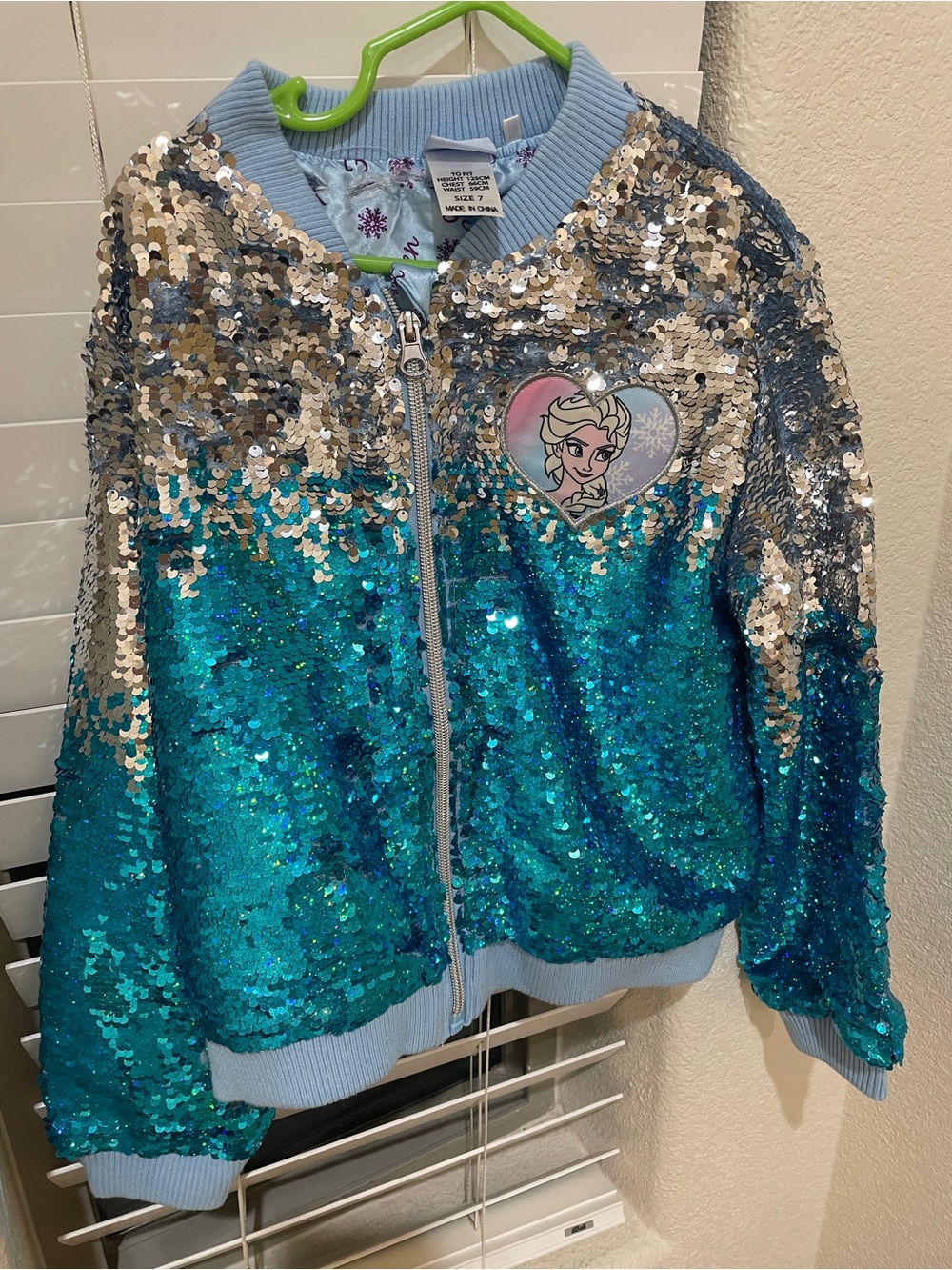 Frozen Girls' Sequin Zip Bomber Jacket - Teal & Silver 7year